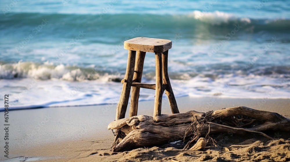 A single rustic stool, its wood weathered by time, offering a seat to watch the waves.