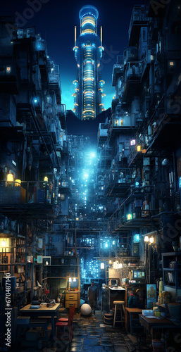 Futuristic cyberpunk urban cityscape, Neon Lights, refinery at night