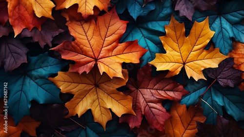 A Multicolored bunch of Maple leaves that are lying on the ground together. Autumn leaves the background. Color of autumn fall leaves on the ground background.