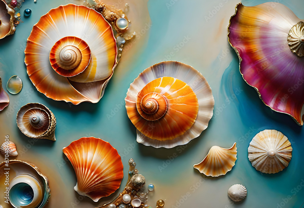 Beautiful work of art of seashells in the style of art nouveau. wallpaper background. generative ai Beautiful work of art of seashells in the style of art nouveau. wallpaper background. generative ai