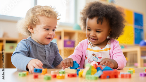Two interracial toddlers playing toys in kindergarten. Adorable black and white toddlers playing together. photo