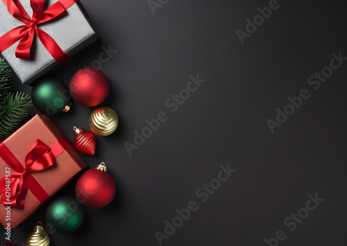 Christmas and New year black background decorations and elements layout flat lay template. Free copy space frame mock up for text and design.
