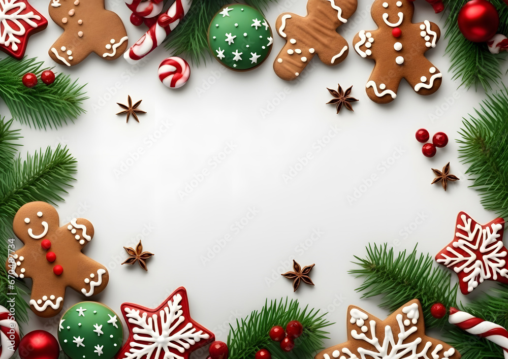 Christmas and New year white background decorations and elements layout flat lay template. Free copy space frame mock up for text and design.
