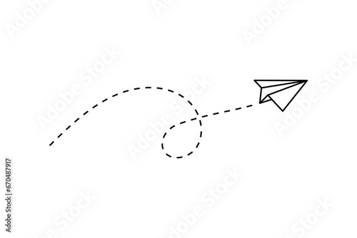 Paper plane with dotted line, paper airplane, travel symbol,  isolated vector illustration.