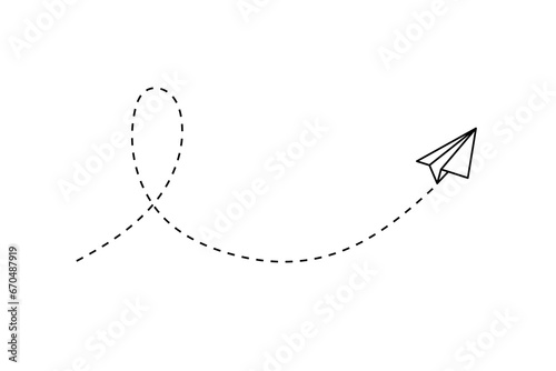 Paper plane with dotted line, paper airplane, travel symbol,  isolated vector illustration.