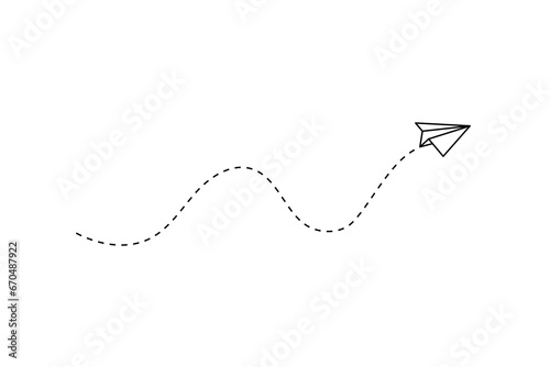 Paper plane with dotted line, paper airplane, travel symbol,  isolated vector illustration.