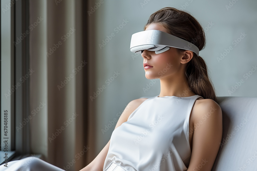 Elegant brunette woman using VR glasses. High tech technology and virtual reality background. Elegant brunette woman using VR glasses. High tech technology and virtual reality background.