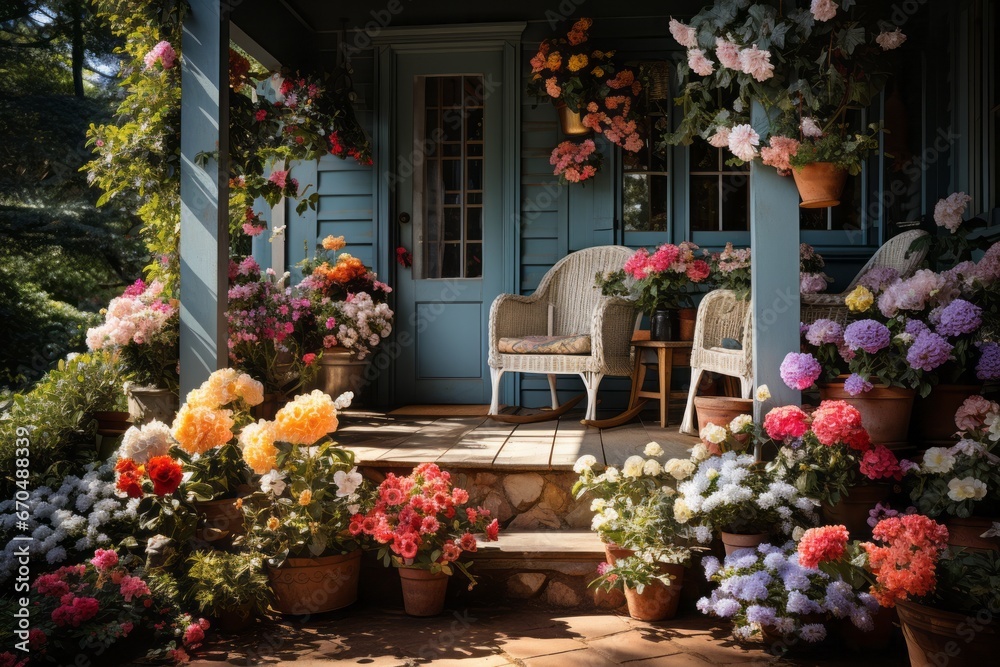  Charming front porch adorned with colorful flowers, Generative AI
