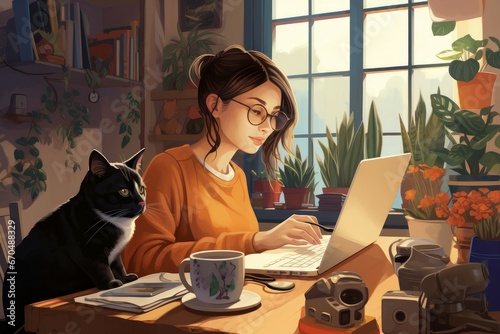 Woman with cat working at home desk in morning. Pet fluffy feline animal love. Generate Ai