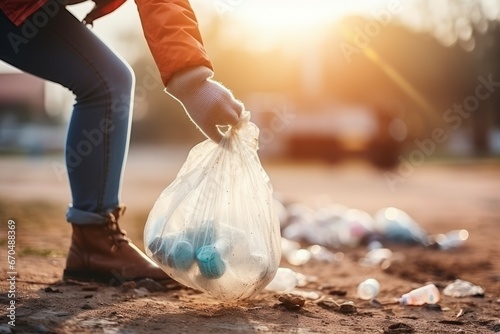Woman with trash bag picking up plastic bottle. Clean trash garbage bag. Generate Ai