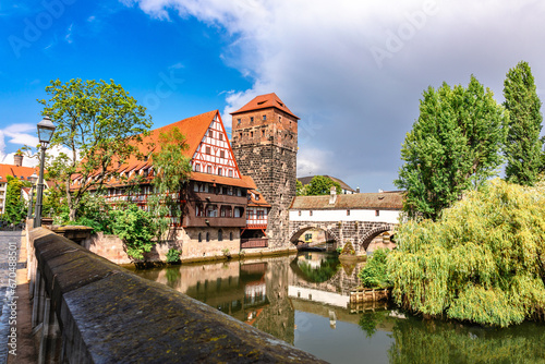 Colourful historic old town with half-timbered houses of Nuremberg. Bridges over Pegnitz river. Nurnberg, eastern Bavaria, Germany. High quality photo
