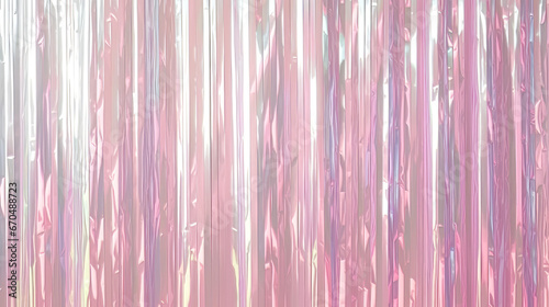 Pink holographic foil fringe, tinsel curtain for holidays party decoration. Sparkling background, neon trendy backdrop.