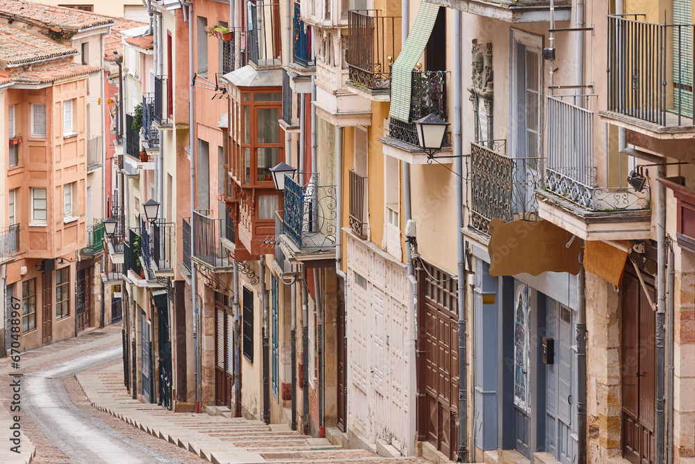 Balborraz street with colorful facades in Zamora city center. Spain