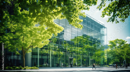 Sunlight bathes a modern glass office building amidst green foliage, showcasing sustainable architecture.