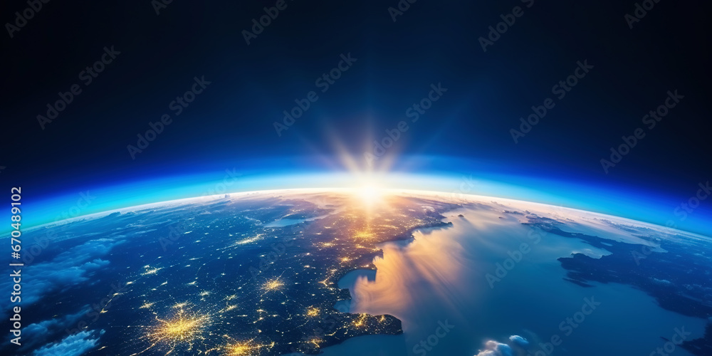 Panoramic view on planet Earth globe from space with rising sun. Glowing city lights, light clouds. Generative AI - obrazy, fototapety, plakaty 