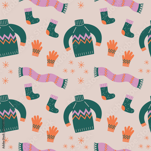 Winter seamless pattern with warm knitted accessories hand drawn flat vector illustration. Repeating background with hat, sweater, scarf, gloves, snowflakes, winter holiday decorative ornament 