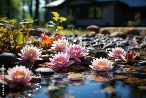  Front yard pond with graceful water lilies and aquatic life  Generative AI