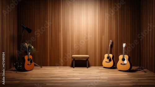 wooden boards with acoustic panel texture, acoustic solutions, interior decor with guitar