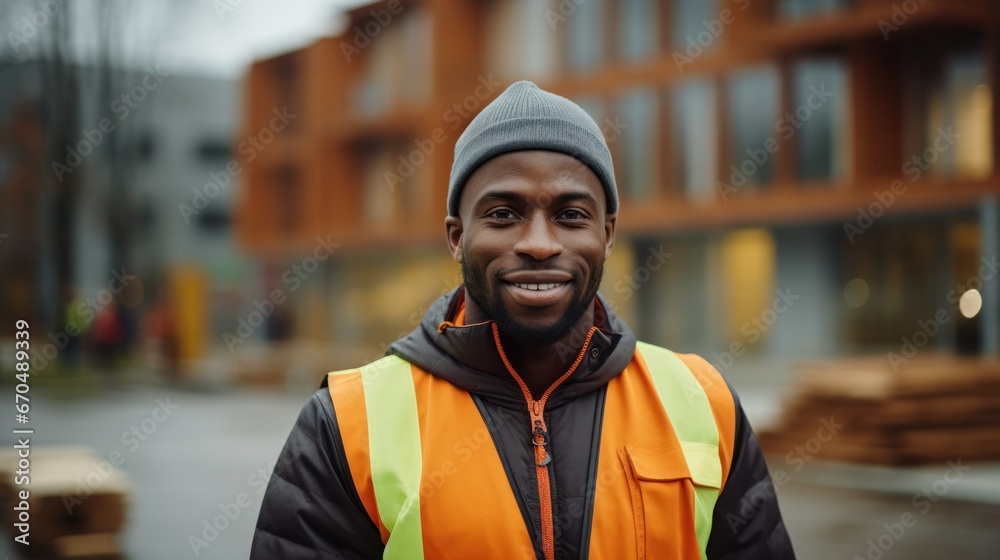 Handsome african american man in orange reflective vest and black hat smiling at camera on the street Generative AI Handsome african american man in orange reflective vest and black hat smiling at camera on the street Generative AI