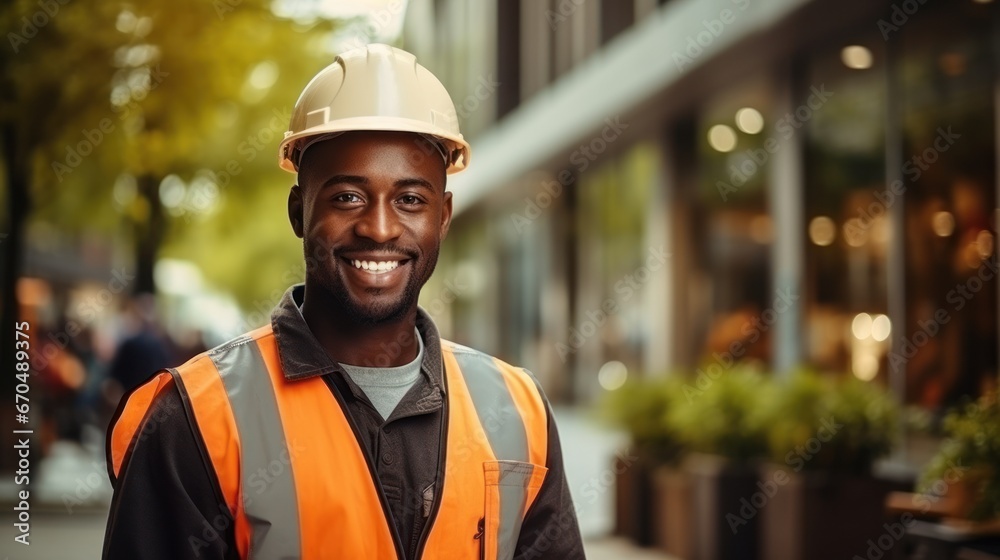 Portrait of a smiling african-american worker in hardhat Generative AI Portrait of a smiling african-american worker in hardhat Generative AI