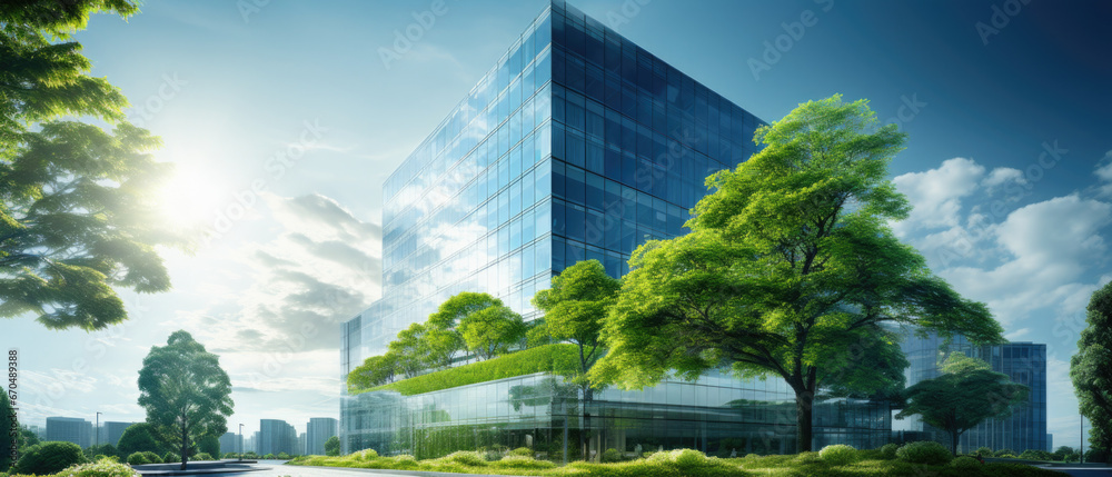 city skyline in the morning , office building with tree for reducing carbon dioxide, Eco green environment.	
