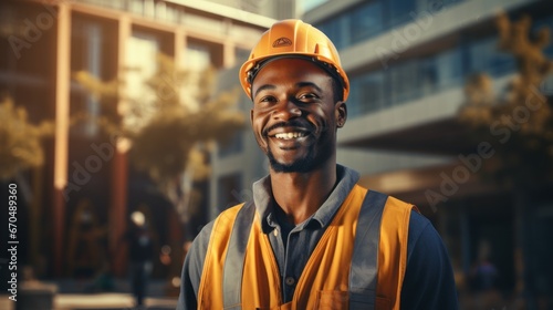 portrait of smiling african american male builder in orange helmet Generative AI