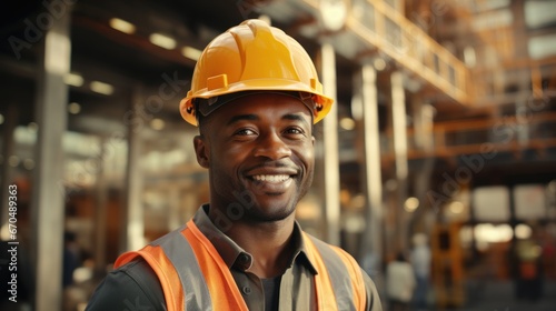 Portrait of a smiling african-american worker in hardhat Generative AI