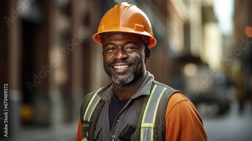 portrait of smiling african american male worker in orange safety helmet Generative AI