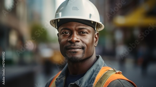 Portrait of african-american worker wearing safety helmet outdoors Generative AI