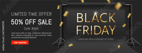 New Black Friday Sale horizontal banner with premium golden logo and minimal design. Limited time offer. 50% off sale. Website header with black, dark abstract background. Falling gold vector confetti