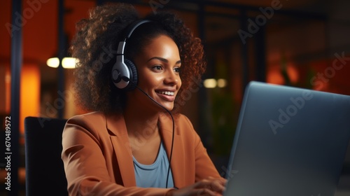 african american businesswoman with headset and laptop in office at night Generative AI