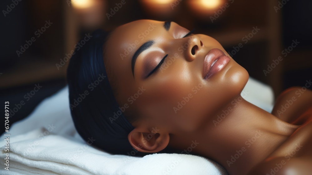 Beautiful african american woman lying on massage table in spa salon. Generative AI Beautiful african american woman lying on massage table in spa salon. Generative AI
