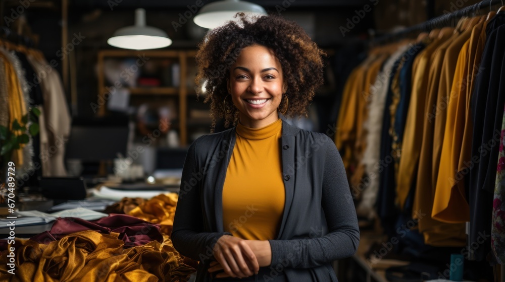 portrait of smiling african american fashion designer standing in workshop Generative AI