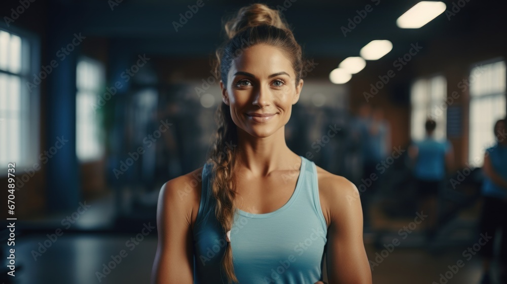 fitness, sport, training, gym and lifestyle concept - smiling woman in gym Generative AI