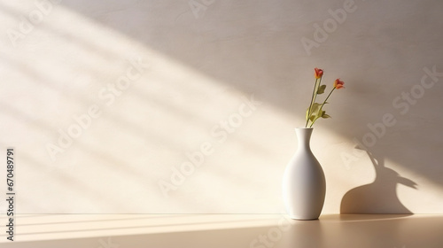 White empty room with vase for flowers  light background with shadows  sunlight Minimalistic concept. Generative AI