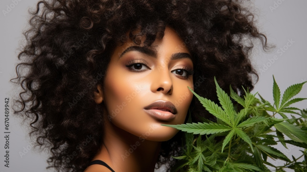 Beautiful african american woman with curly hair and green cannabis leaves Generative AI