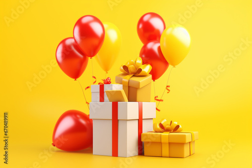 megaphone gift boxes and balloons on yellow background black friday