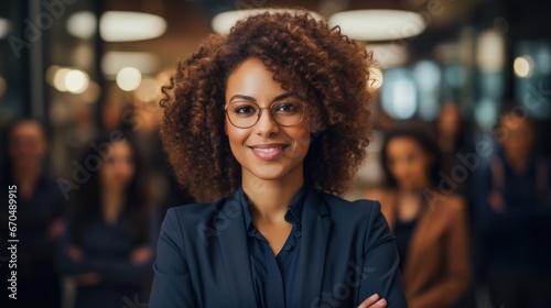 Portrait of a smiling afro american businesswoman wearing glasses in office Generative AI