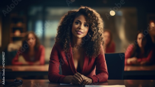 Portrait of a beautiful young businesswoman sitting at the desk in office Generative AI