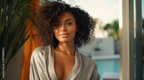 Beautiful african american woman in bathrobe looking at camera Generative AI