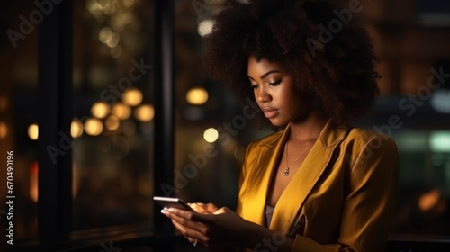 beautiful african american woman with mobile phone in cafe at night Generative AI