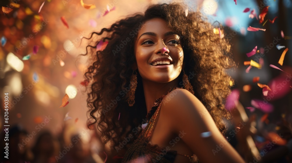 Portrait of beautiful african american woman with curly hair and confetti Generative AI