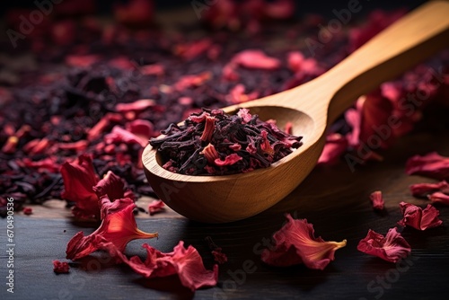 Wooden spoon with dry hibiscus tea on table. Medicine water food closeup. Generate Ai