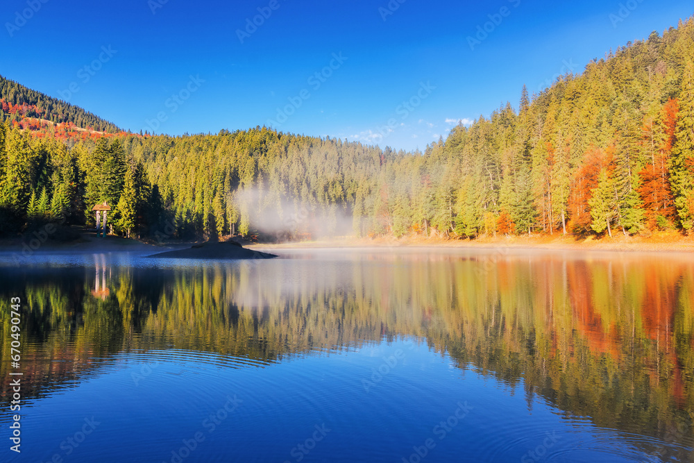 sunny landscape with lake among forest in autumn. fog above the water surface