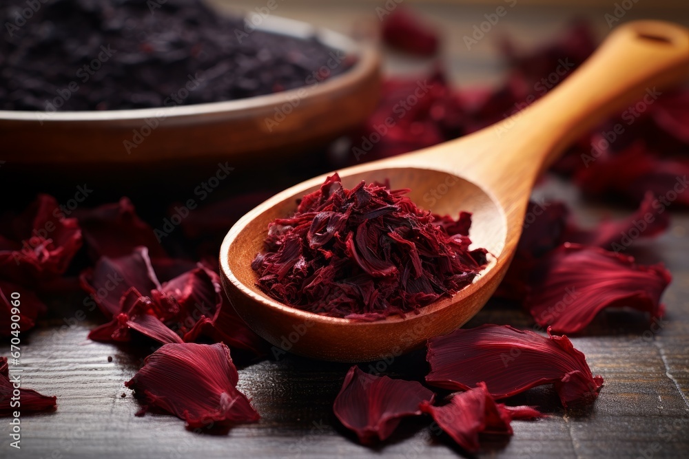 Wooden spoon with dry hibiscus tea food. Natural antioxidant drink fresh detox. Generate Ai - obrazy, fototapety, plakaty 