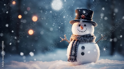 A snowman, adorned with a top hat and scarf, standing proud under a light snowfall.