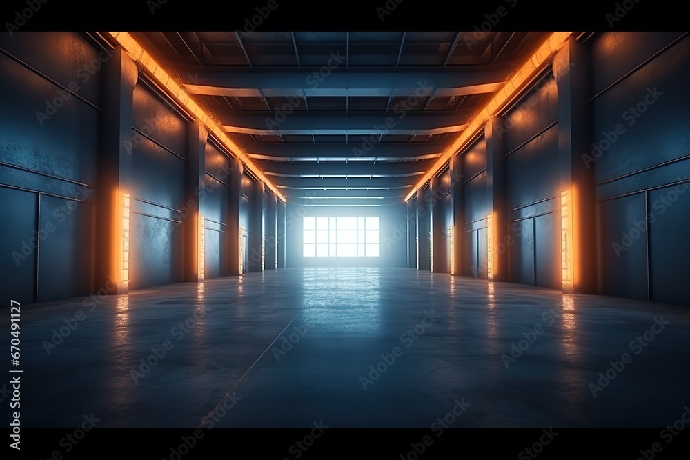 Industrial Large Hangar Garage Spotlights Orange Blue Glowing Empty Warehouse Tunnel Corridor Concrete Floor With Columns background