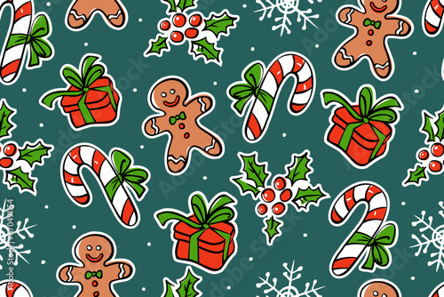 Christmas seamless pattern on a dark emerald background. Includes gift box with bow, holly berries, gingerbread man, snowflake, candy cane. Colorful festive print. Vector.