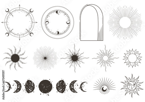Mystical sky objects - moon phases, sun, stars, astrology elements, magic unreal composition for print, black and white hand drawn space clip arts in vector