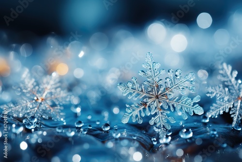 close up of snowflakes, winter blue background © JetHuynh